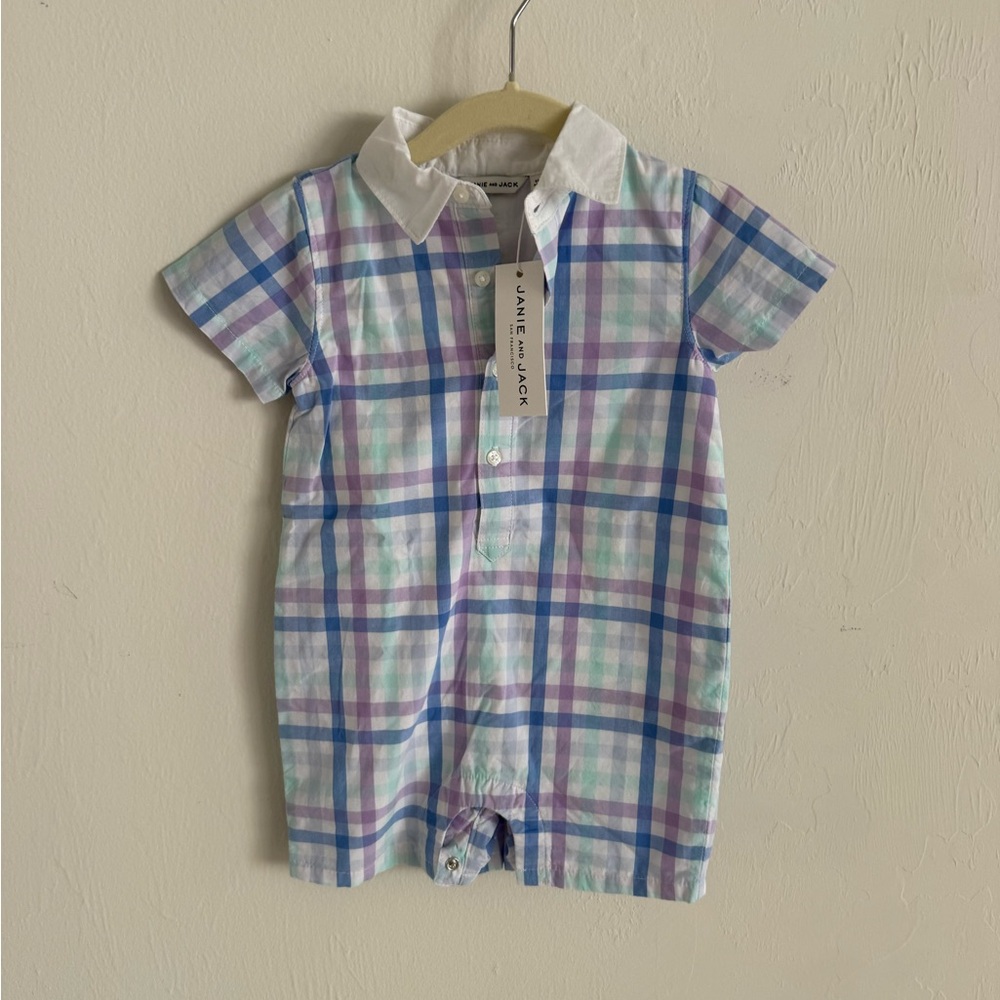 Janie and Jack Pastel Plaid Button-Up Romper with White Collar